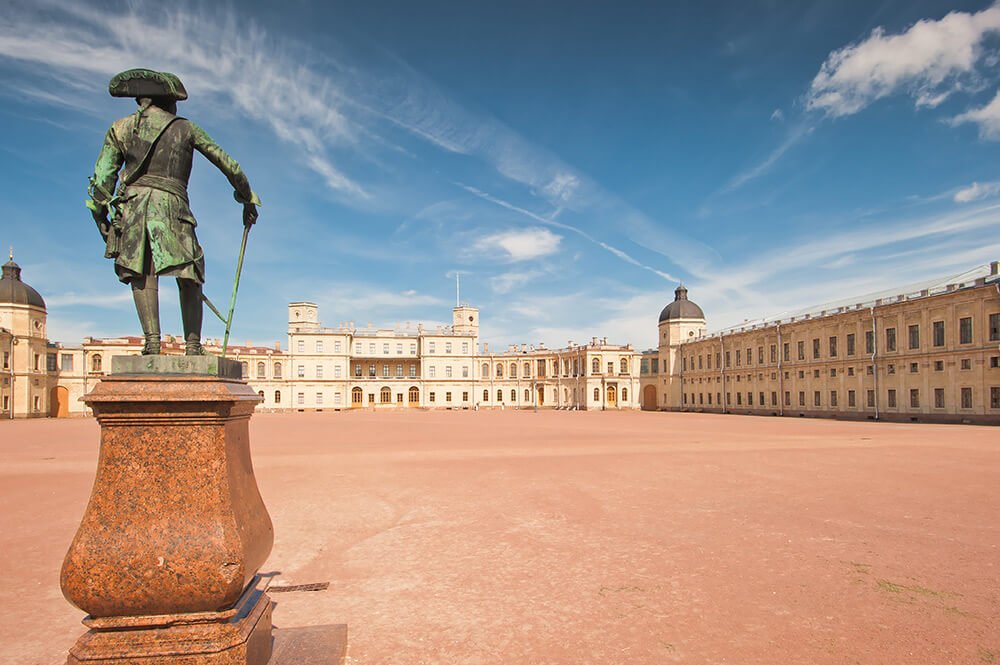 View of the Gatchina Palace and the monument of Pavel I
